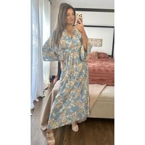 Vintage Montgomery Ward Size M/L Blue Brown Floral Dolman Sleeve Maxi Dress